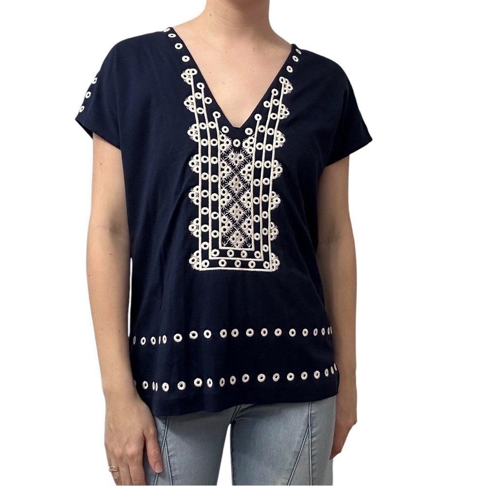 J. Crew Blouse Embroidered Navy White Beach Cotton Casual Summer Size Small